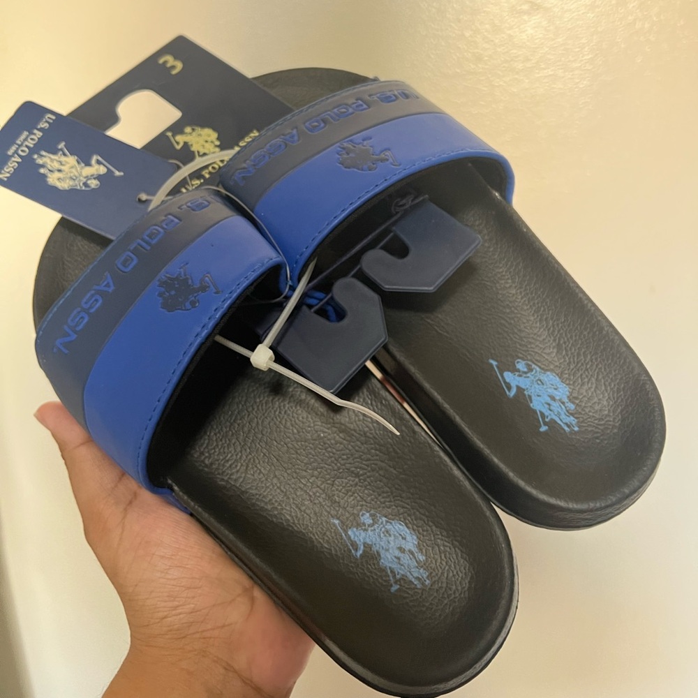 U.S. Polo Assoc. Kids Boys Size 3-4 Blue Black Slides Sandals Flip Flops NWT